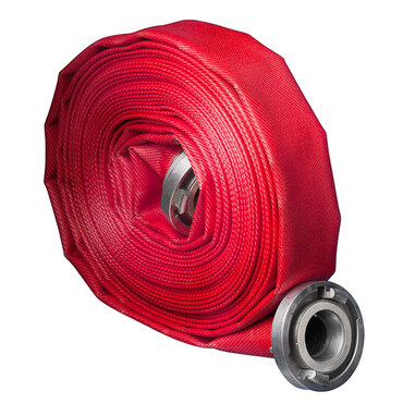 Hose Gamma Extra Red, SBR lay flat fire and water hose including aluminum Storz couplings